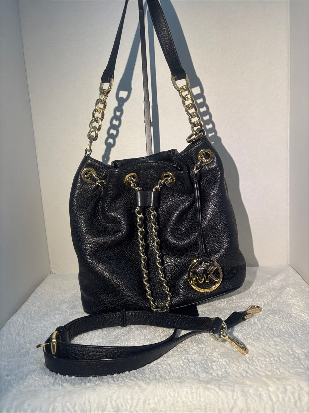 Michael Kors Frankie Black Pebbled Leather Chain-Accent Drawstring Shoulder Bag